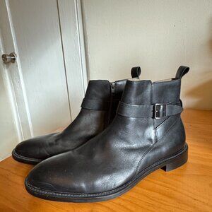 Banana Republic Black Leather Zip-Up W/ Strap & YKK Side Buckle Ankle Boot